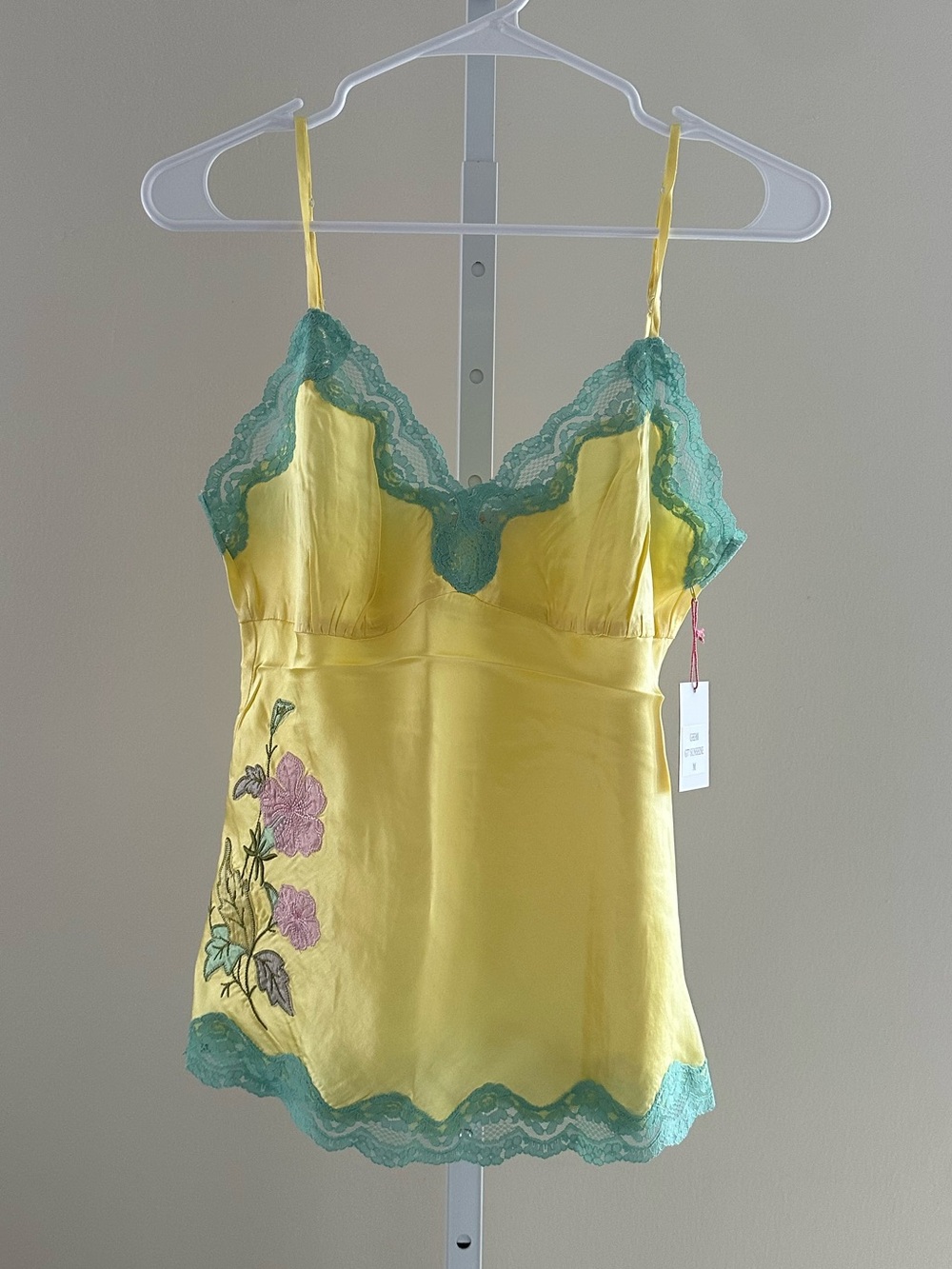Yellow Satin Camisole with Green Lace Trim